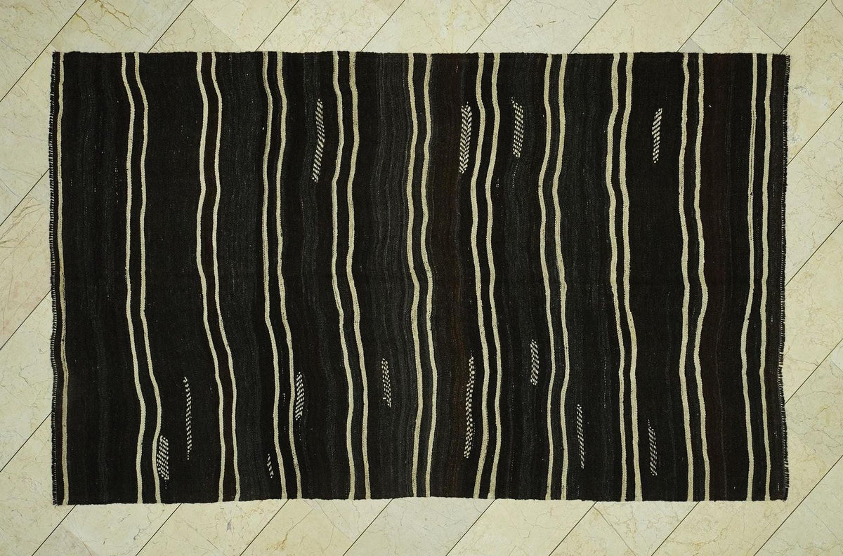 Cream Stripe Dark Brown Goat Hair Kilim Rug:5.6x9.2 Feet,Outdoor Decor Flatweave Rugs.