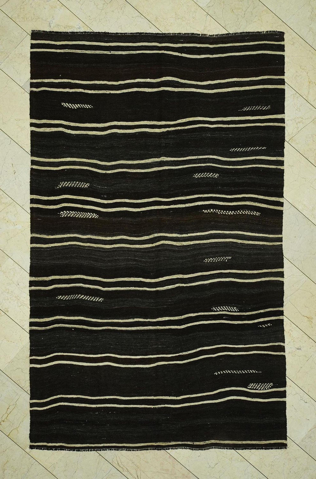 Cream Stripe Dark Brown Goat Hair Kilim Rug:5.6x9.2 Feet,Outdoor Decor Flatweave Rugs.