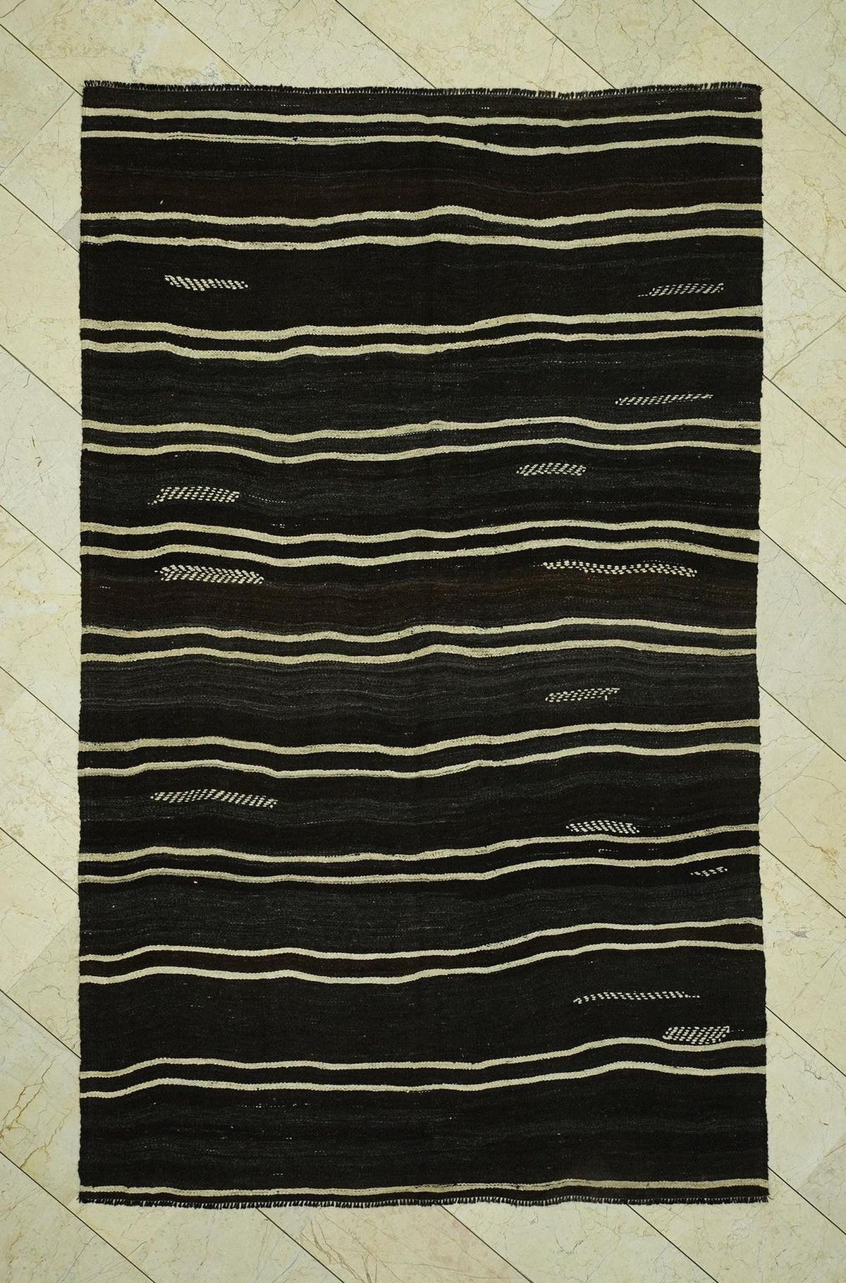 Cream Stripe Dark Brown Goat Hair Kilim Rug:5.6x9.2 Feet,Outdoor Decor Flatweave Rugs.