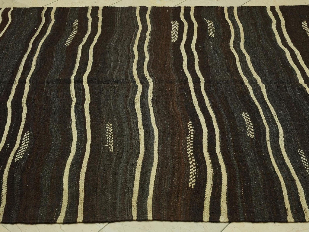 Cream Stripe Dark Brown Goat Hair Kilim Rug:5.6x9.2 Feet,Outdoor Decor Flatweave Rugs.