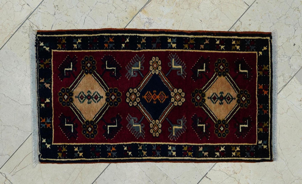 2x3 Small Size Old Turkish Carpet Rug: Wall Hanging Decor Mid Anatolian Handwoven Rugs.