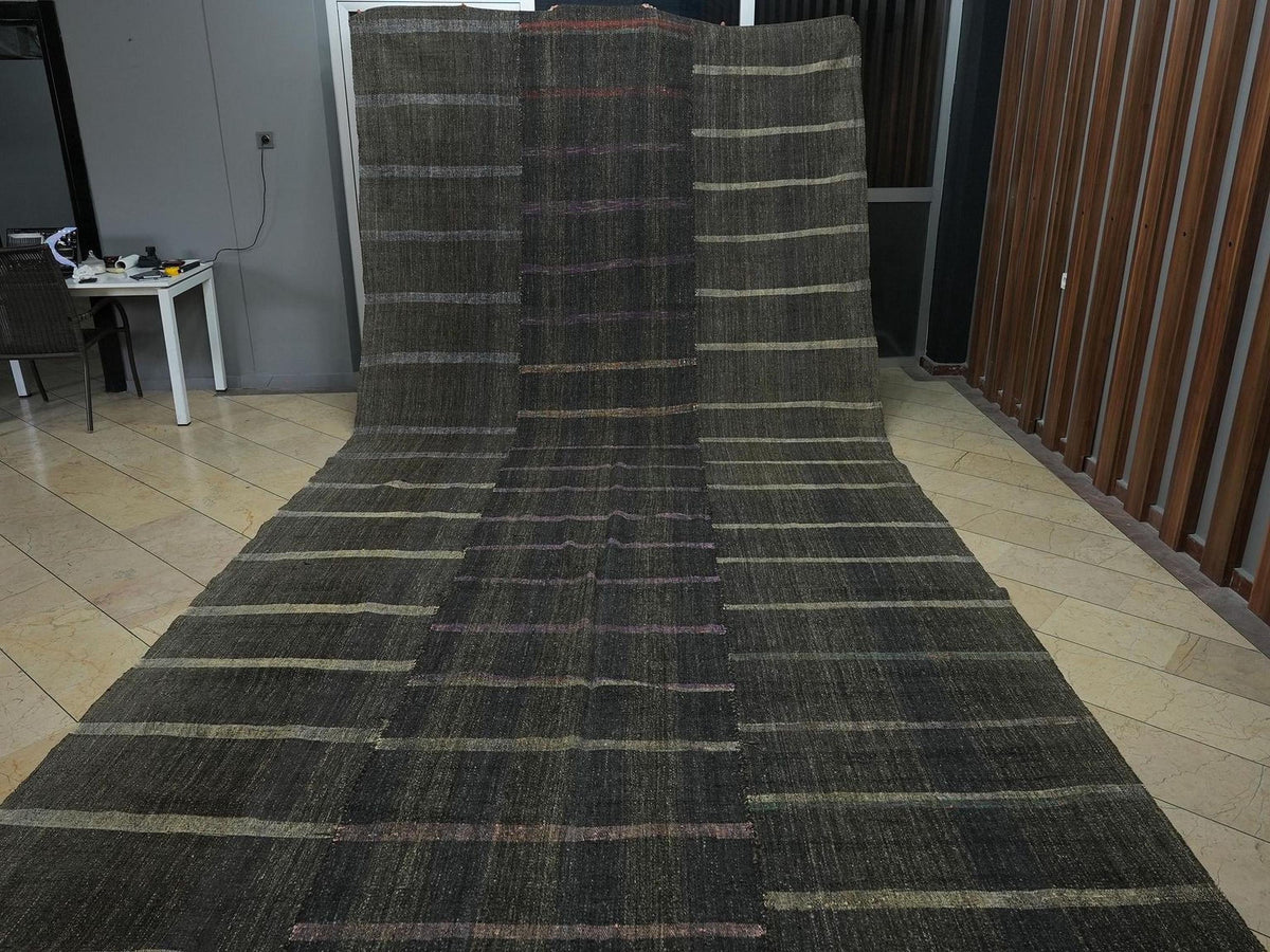 9x21 Extra Large Turkish Kilim Rug: Goat Hair & Rag, Handwoven Striped Pattern Rugs.