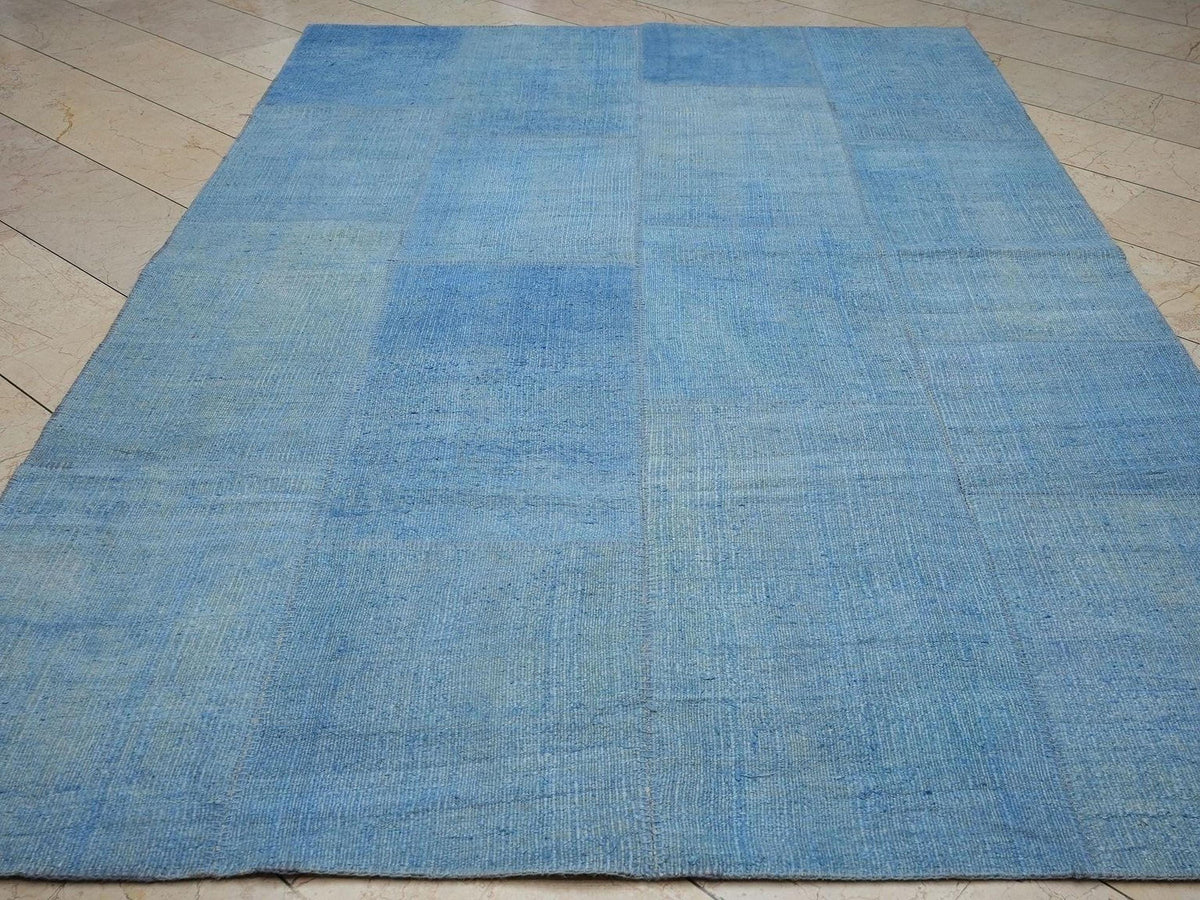 Overdye Blue Turkish Hemp Patchwork Kilim Rug,5.8"x9.8" Feet,