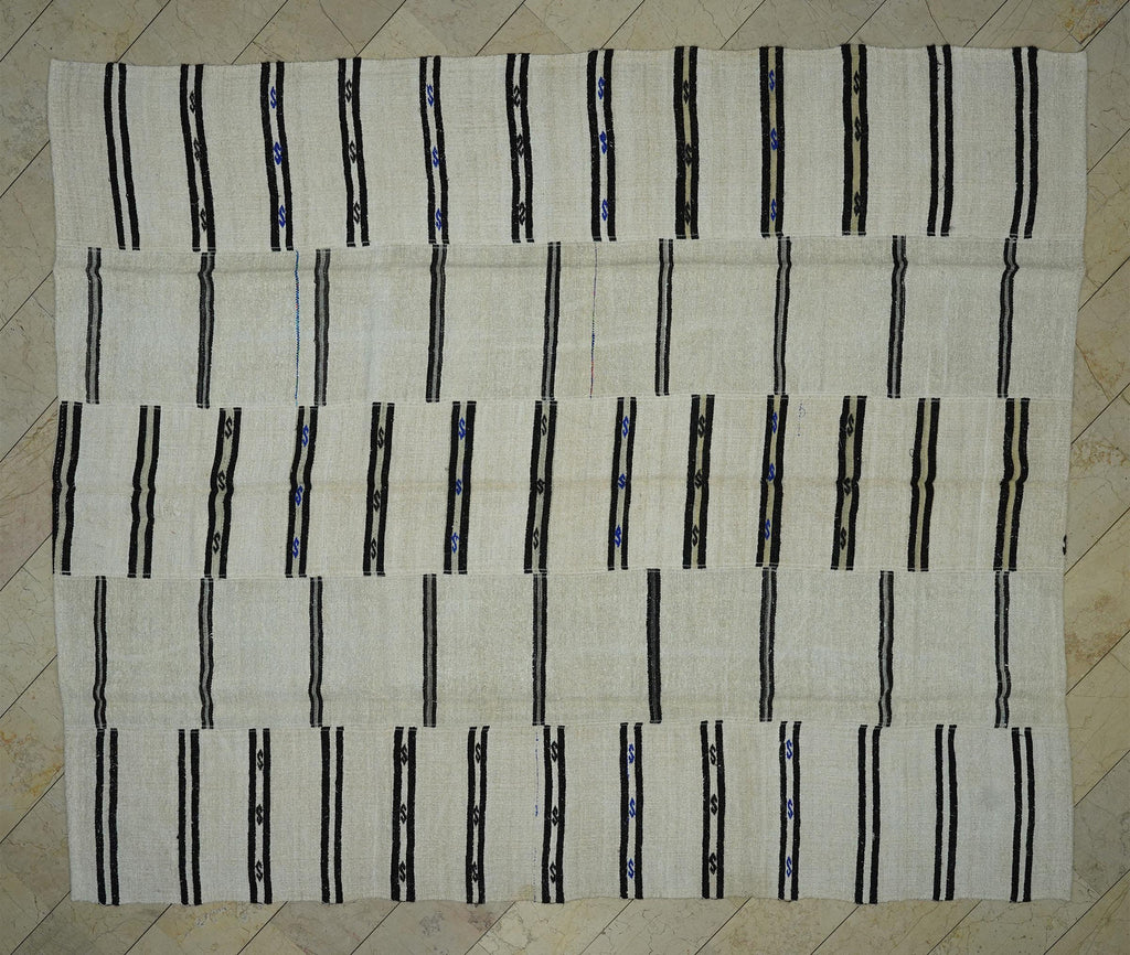 Striped Hemp Kilim Rug: Oversize Turkish Flat Weave Moody Decor Rugs 10"x12"