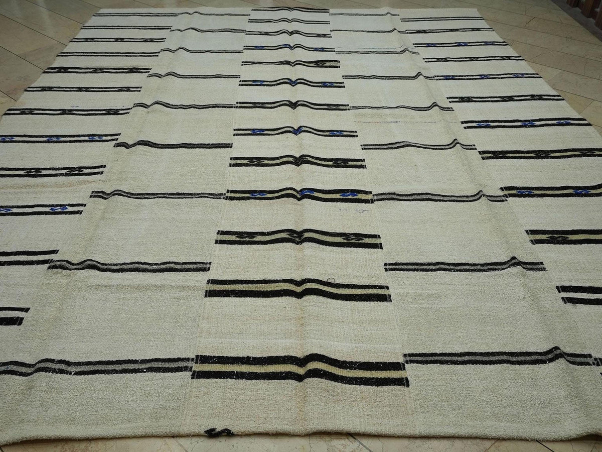 Striped Hemp Kilim Rug: Oversize Turkish Flat Weave Moody Decor Rugs 10"x12"