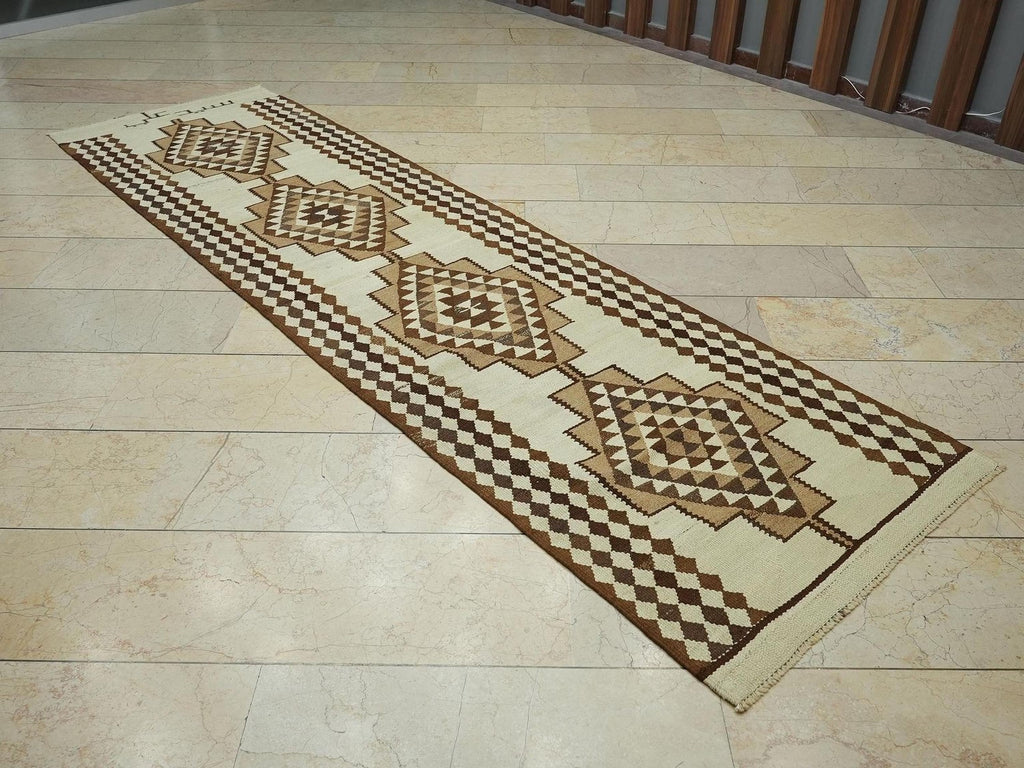 Old Turkish Kilim Rug Runner: Brown Cream Primitive Decor Rugs 3x10.7 Ft.