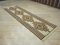 Old Turkish Kilim Rug Runner: Brown Cream Primitive Decor Rugs 3x10.7 Ft.