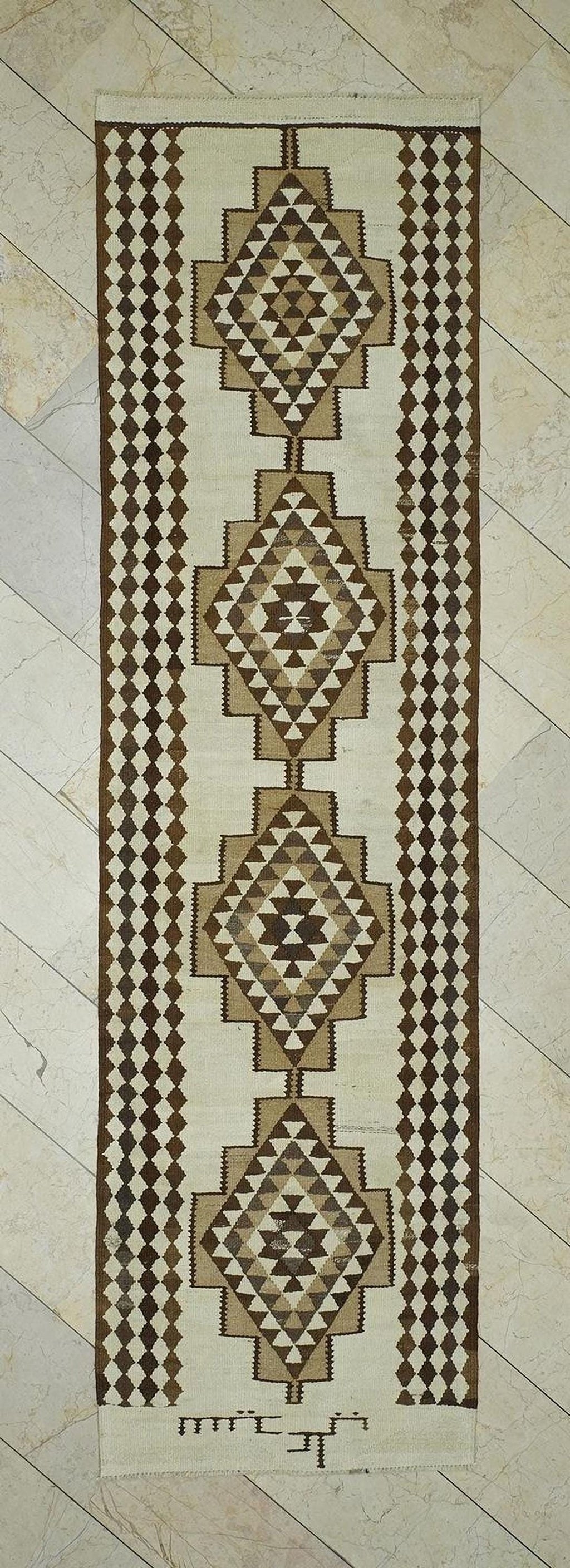 Old Turkish Kilim Rug Runner: Brown Cream Primitive Decor Rugs 3x10.7 Ft.
