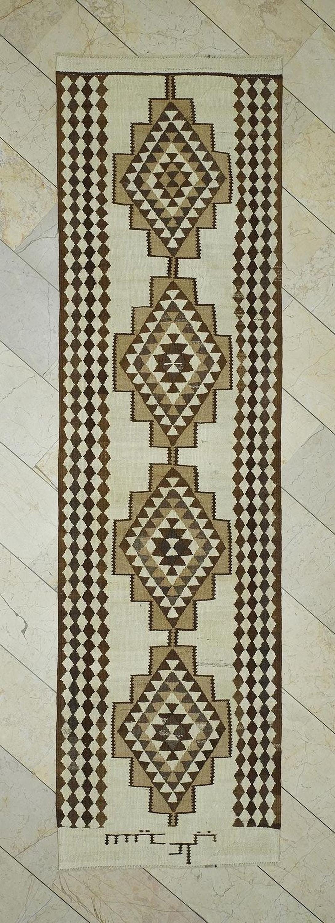 Old Turkish Kilim Rug Runner: Brown Cream Primitive Decor Rugs 3x10.7 Ft.