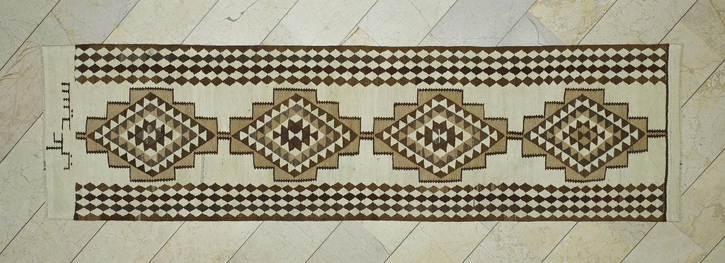 Old Turkish Kilim Rug Runner: Brown Cream Primitive Decor Rugs 3x10.7 Ft.