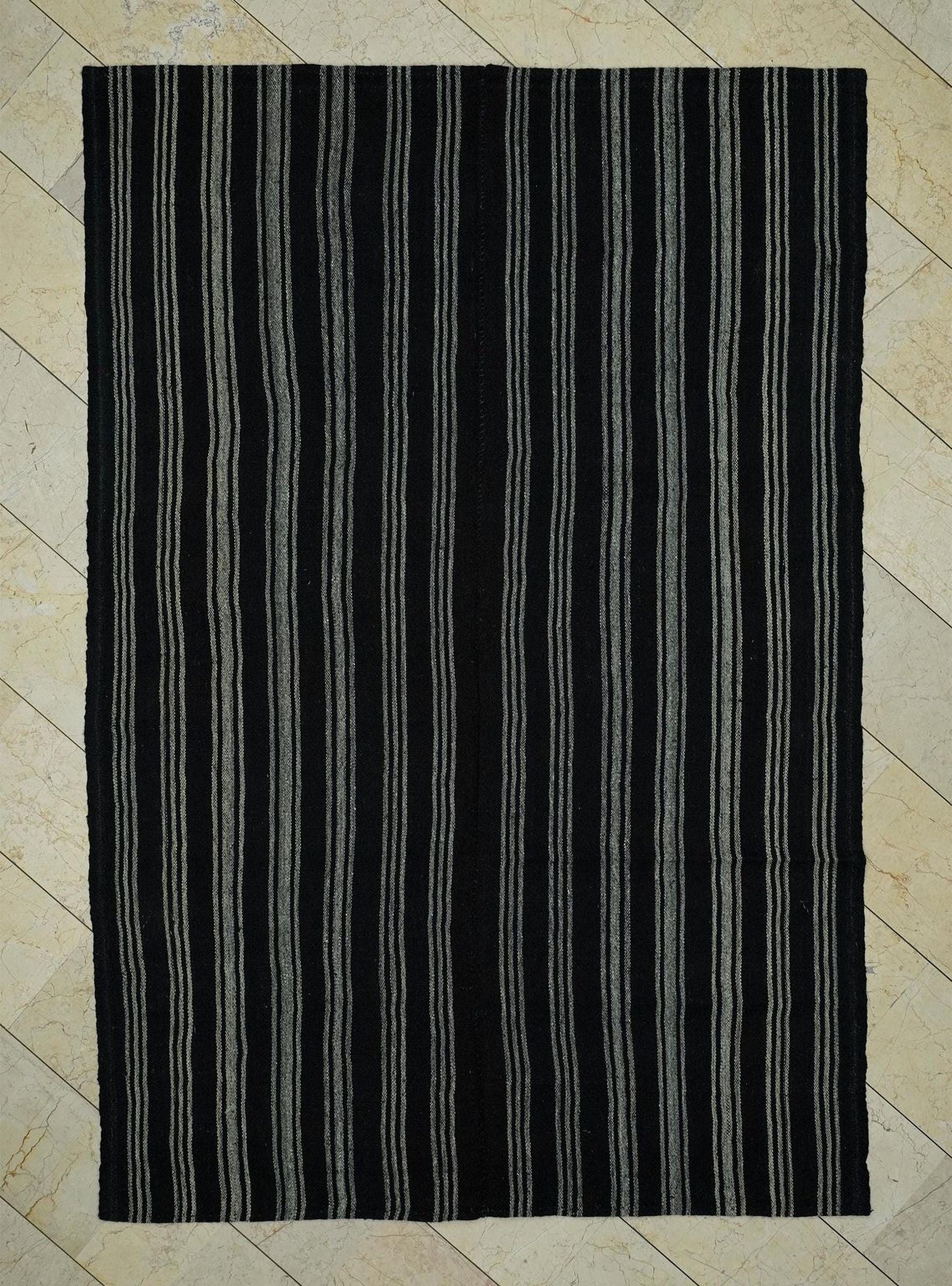 Vintage Turkish Goat Hair Kilim Rug: Bohemian Brown Stripe, 6x8.5 ft