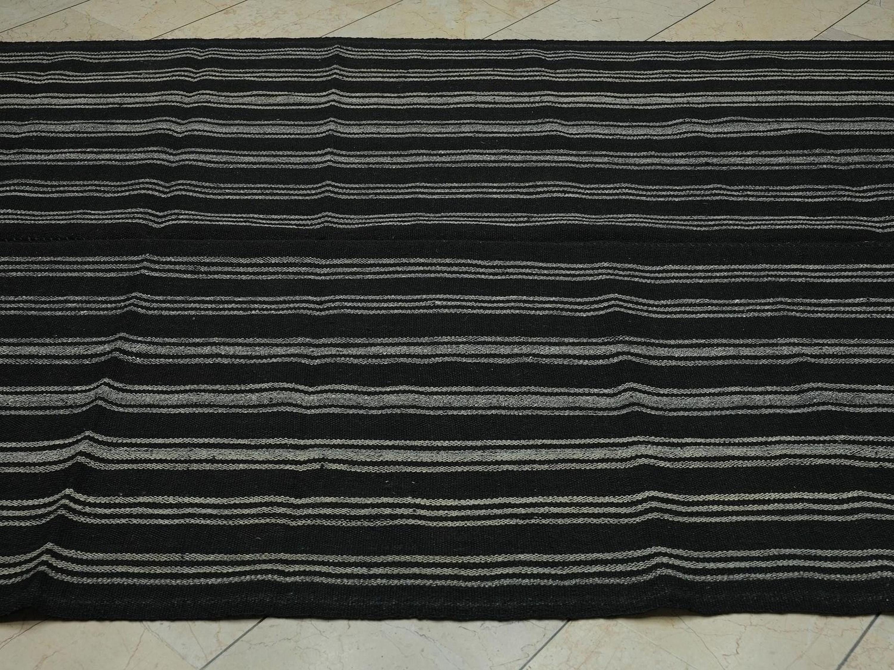 Vintage Turkish Goat Hair Kilim Rug: Bohemian Brown Stripe, 6x8.5 ft