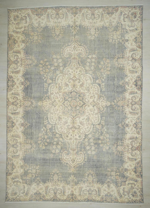 10x14 Oversize Gray-Blue Vintage Turkish Oushak Rug: Large Living Room Flor Decor Handwoven Rugs.