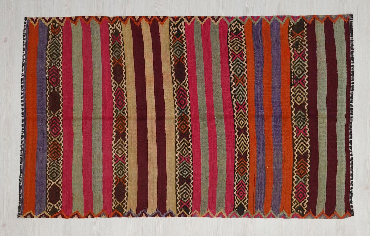 Pink Striped Kilim Rug: Vintage Turkish Wool, Bohemian Decor Rugs,4.3x6.11 ft