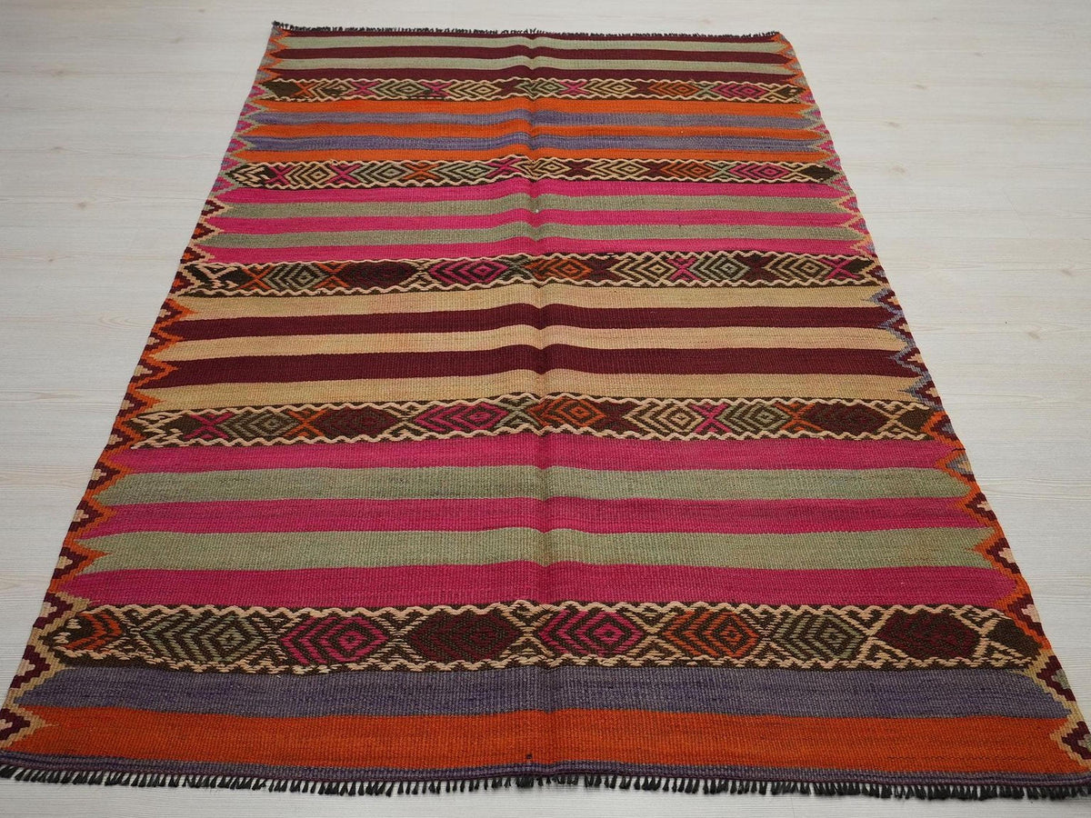 Pink Striped Kilim Rug: Vintage Turkish Wool, Bohemian Decor Rugs,4.3x6.11 ft