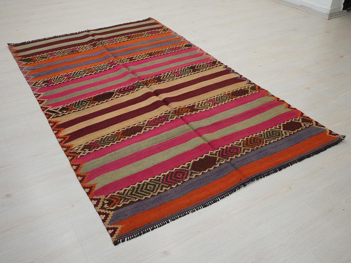 Pink Striped Kilim Rug: Vintage Turkish Wool, Bohemian Decor Rugs,4.3x6.11 ft