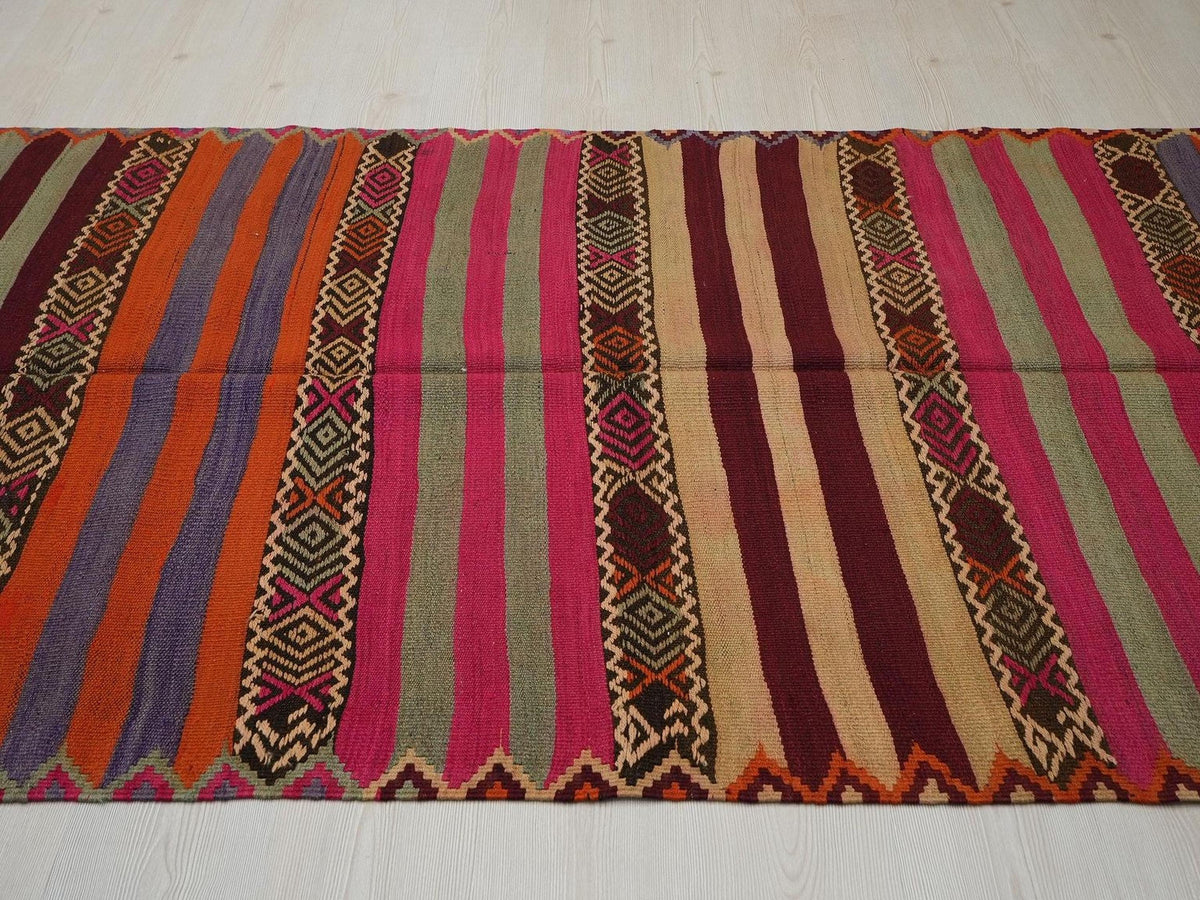 Pink Striped Kilim Rug: Vintage Turkish Wool, Bohemian Decor Rugs,4.3x6.11 ft