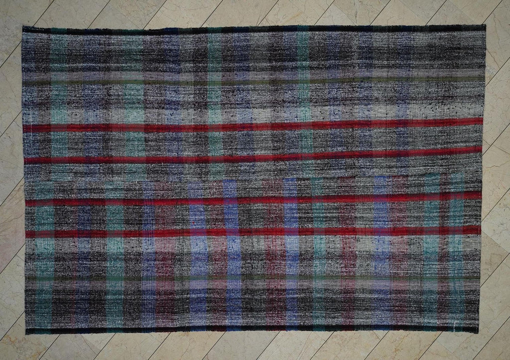 Scandinavian Style Flat Weave Rag Rug: 7.2x11 Feet,Broken Square Stripe Pattern Turkish Kilim.