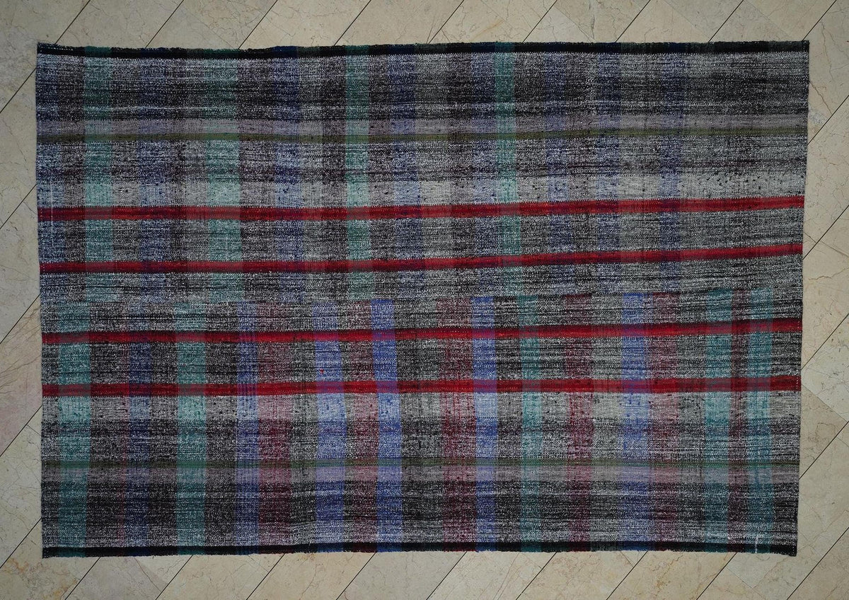 Scandinavian Style Flat Weave Rag Rug: 7.2x11 Feet,Broken Square Stripe Pattern Turkish Kilim.