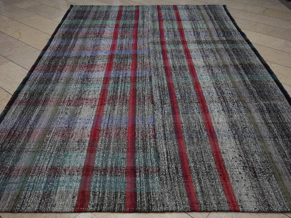 Scandinavian Style Flat Weave Rag Rug: 7.2x11 Feet,Broken Square Stripe Pattern Turkish Kilim.