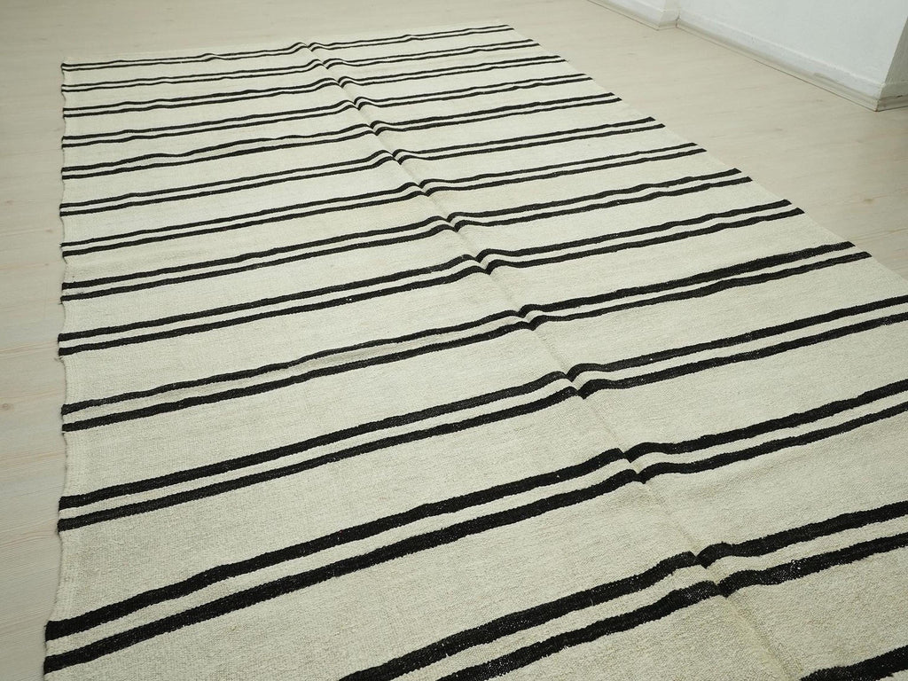 7x12 Stripe Eco-Friendly Hemp Kilim Rug: Scandinavian Home Style Seasonal Decor Turkish Rugs.