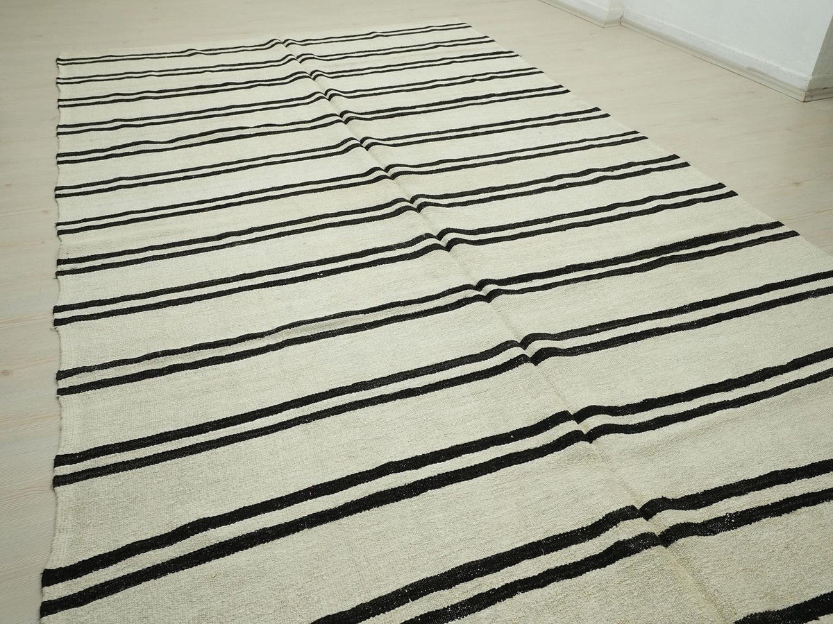 7x12 Stripe Eco-Friendly Hemp Kilim Rug: Scandinavian Home Style Seasonal Decor Turkish Rugs.