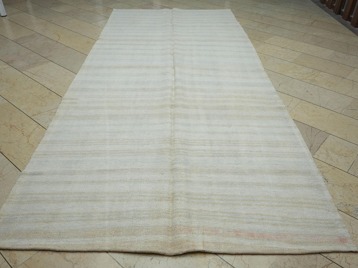 Neutral Color Striped Vintage Hemp Kilim Rug: 5.7x12.5 Feet,Scandinavian Style Turkish Rugs