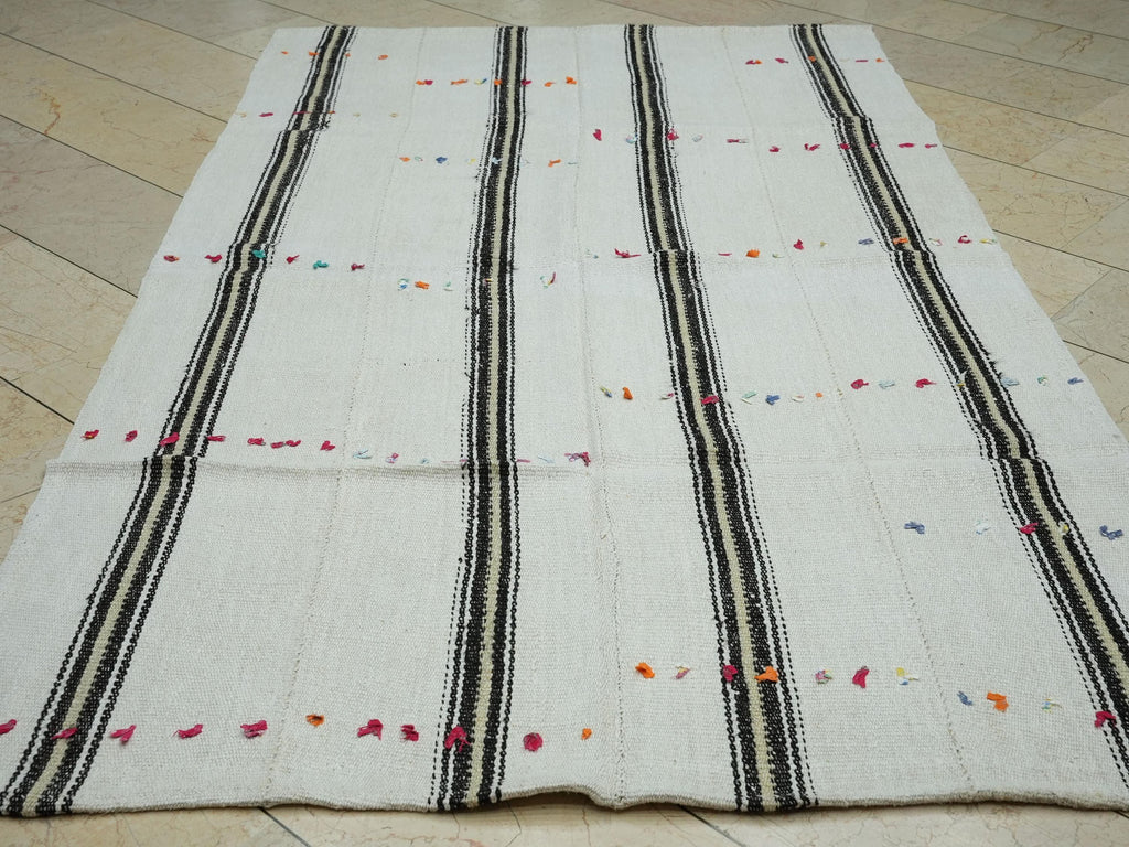 Minimal Decor Striped Turkish Hemp Kilim Rug,5.1x8.7 Feet,Flat Weave Organic Area Rugs.