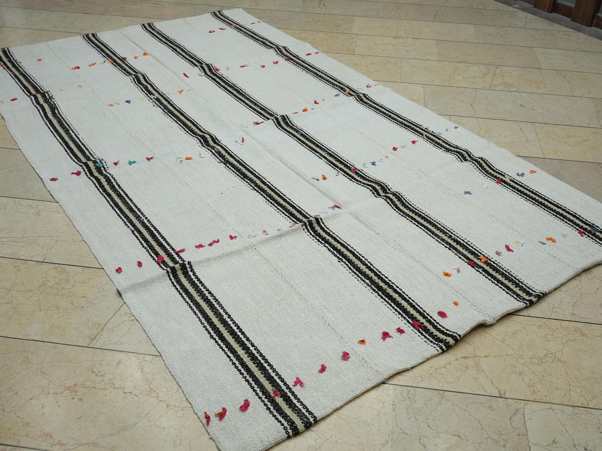 Minimal Decor Striped Turkish Hemp Kilim Rug,5.1x8.7 Feet,Flat Weave Organic Area Rugs.