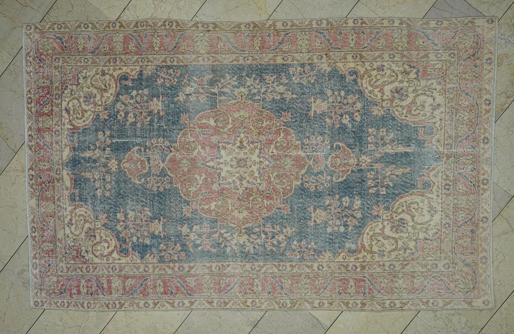 5x8 Navy Blue Vintage Oushak Rug: Small Size Turkish Wool Carpet Rugs.