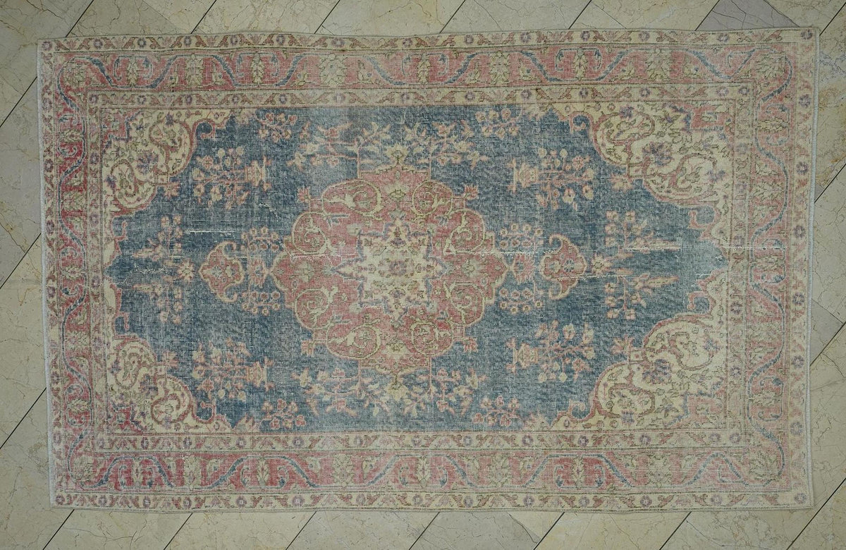 5x8 Navy Blue Vintage Oushak Rug: Small Size Turkish Wool Carpet Rugs.