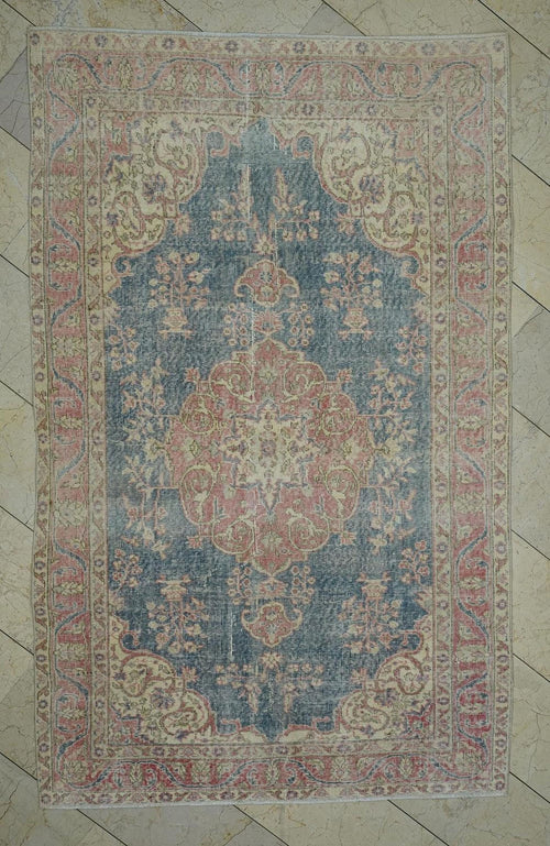 5x8 Navy Blue Vintage Oushak Rug: Small Size Turkish Wool Carpet Rugs.