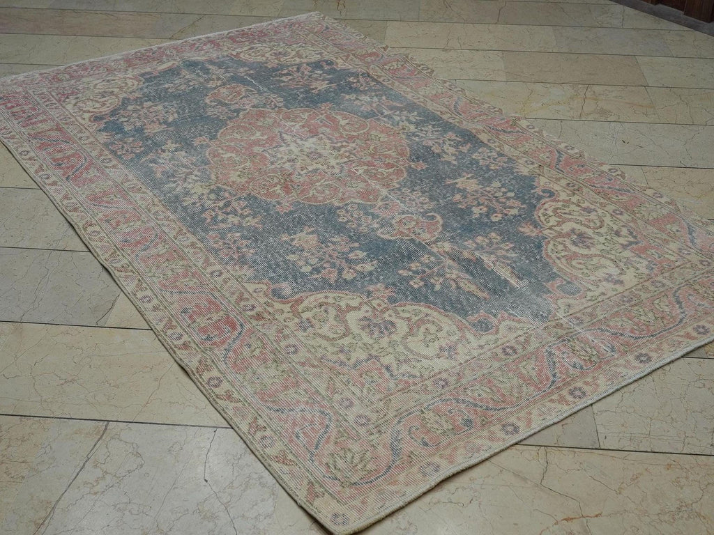 5x8 Navy Blue Vintage Oushak Rug: Small Size Turkish Wool Carpet Rugs.