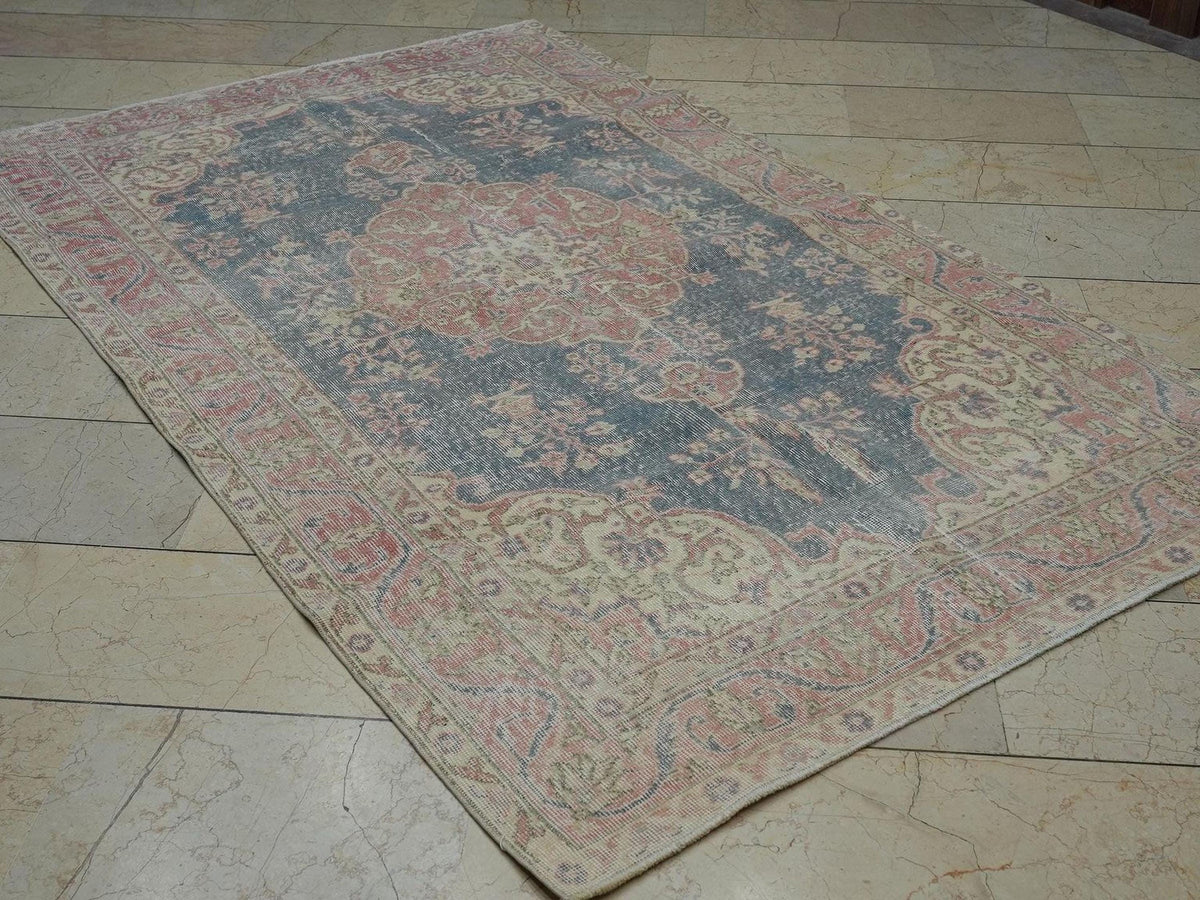5x8 Navy Blue Vintage Oushak Rug: Small Size Turkish Wool Carpet Rugs.
