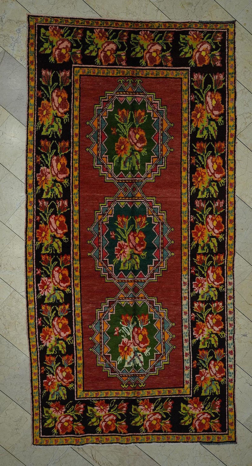 Floral Antique Karabag Armenian Rug: Green & Red  Ruse Design Rugs, 4.9"x9.8" Feet.
