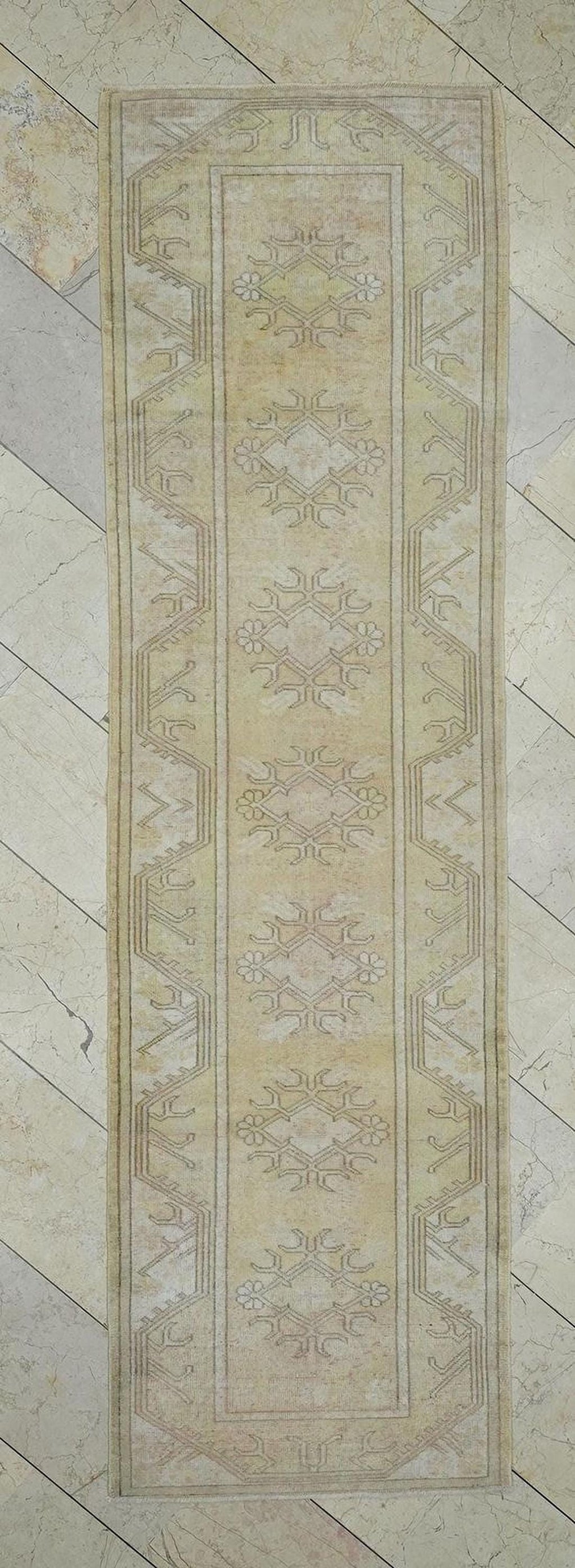 Vintage Wool Oushak Rug Runner: Mid-Century Modern Turkish Rugs, 2.6"x9.3" Feet.
