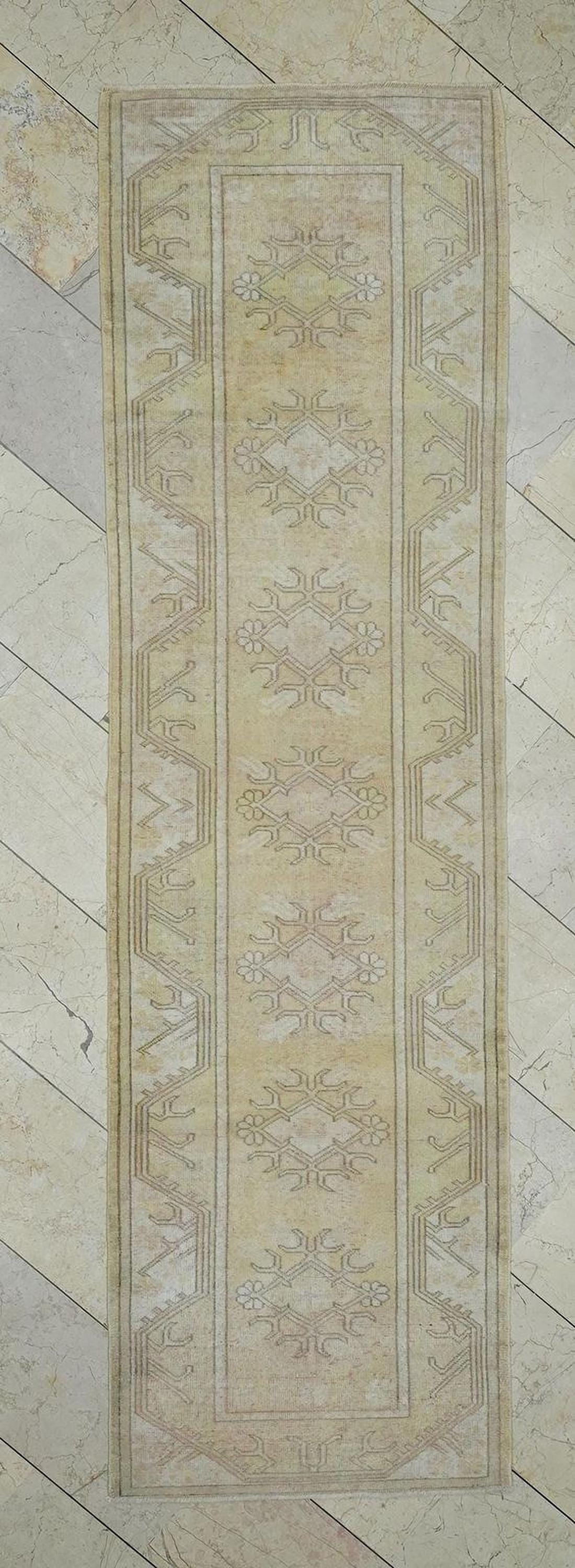Vintage Wool Oushak Rug Runner: Mid-Century Modern Turkish Rugs, 2.6"x9.3" Feet.