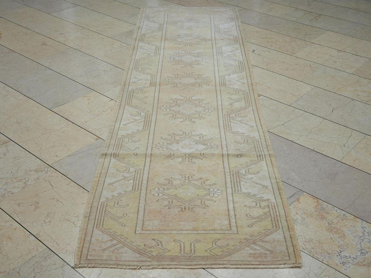 Vintage Wool Oushak Rug Runner: Mid-Century Modern Turkish Rugs, 2.6"x9.3" Feet.
