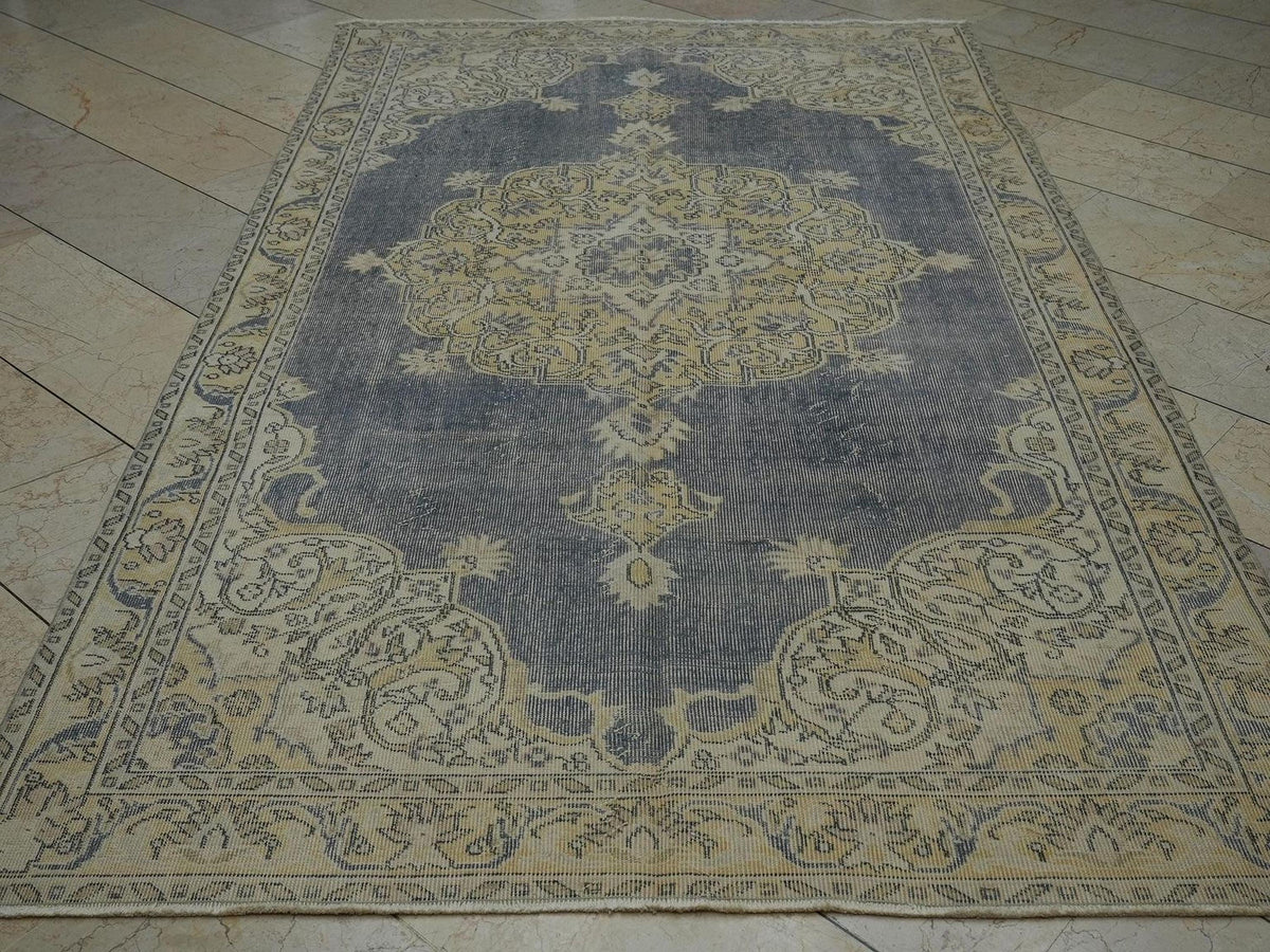 Navy Blue Oushak Rug: 5.4"x9.2' Vintage Turkish Wool Carpet