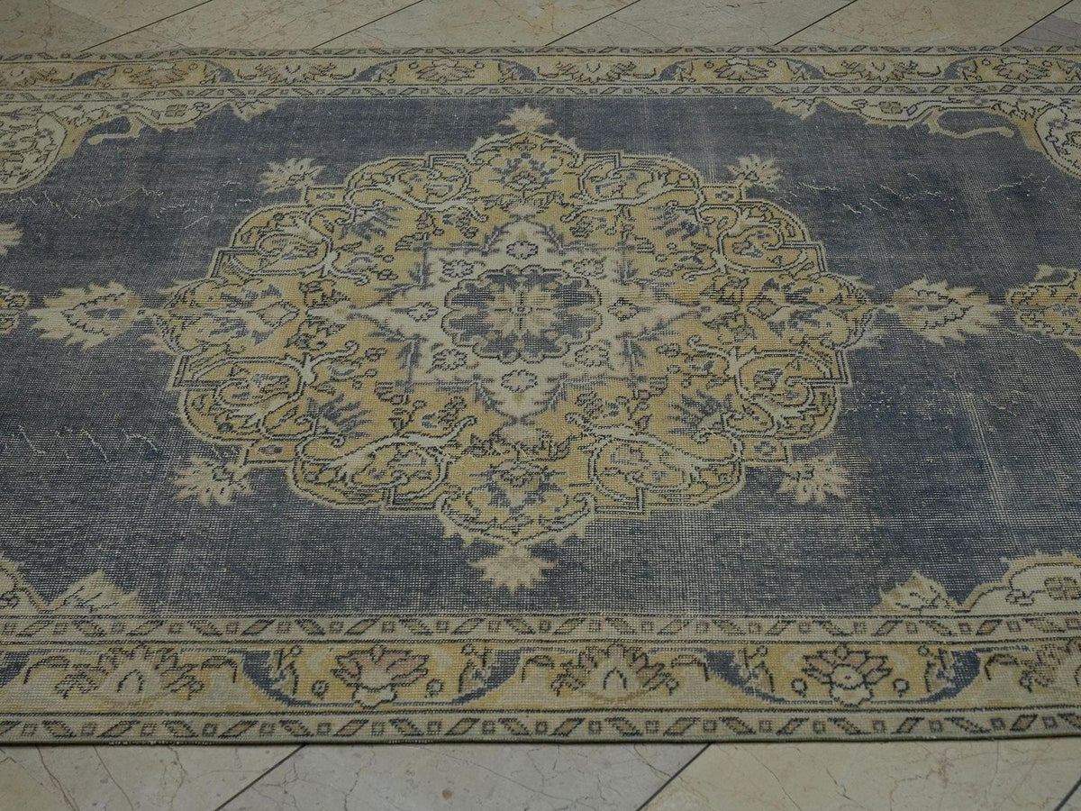 Navy Blue Oushak Rug: 5.4"x9.2' Vintage Turkish Wool Carpet
