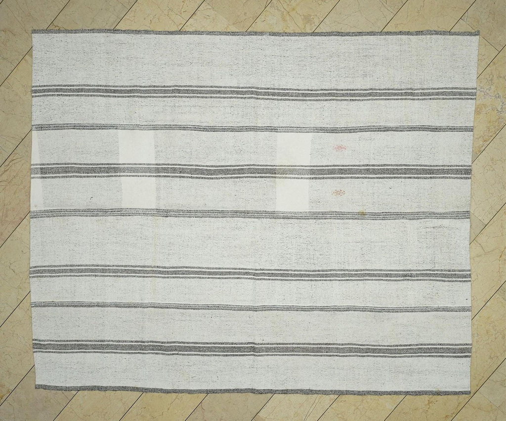 7x9 Scandinavian Style White & Gray Striped Turkish Kilim Rug: Cotton And Goat Hair Rugs.