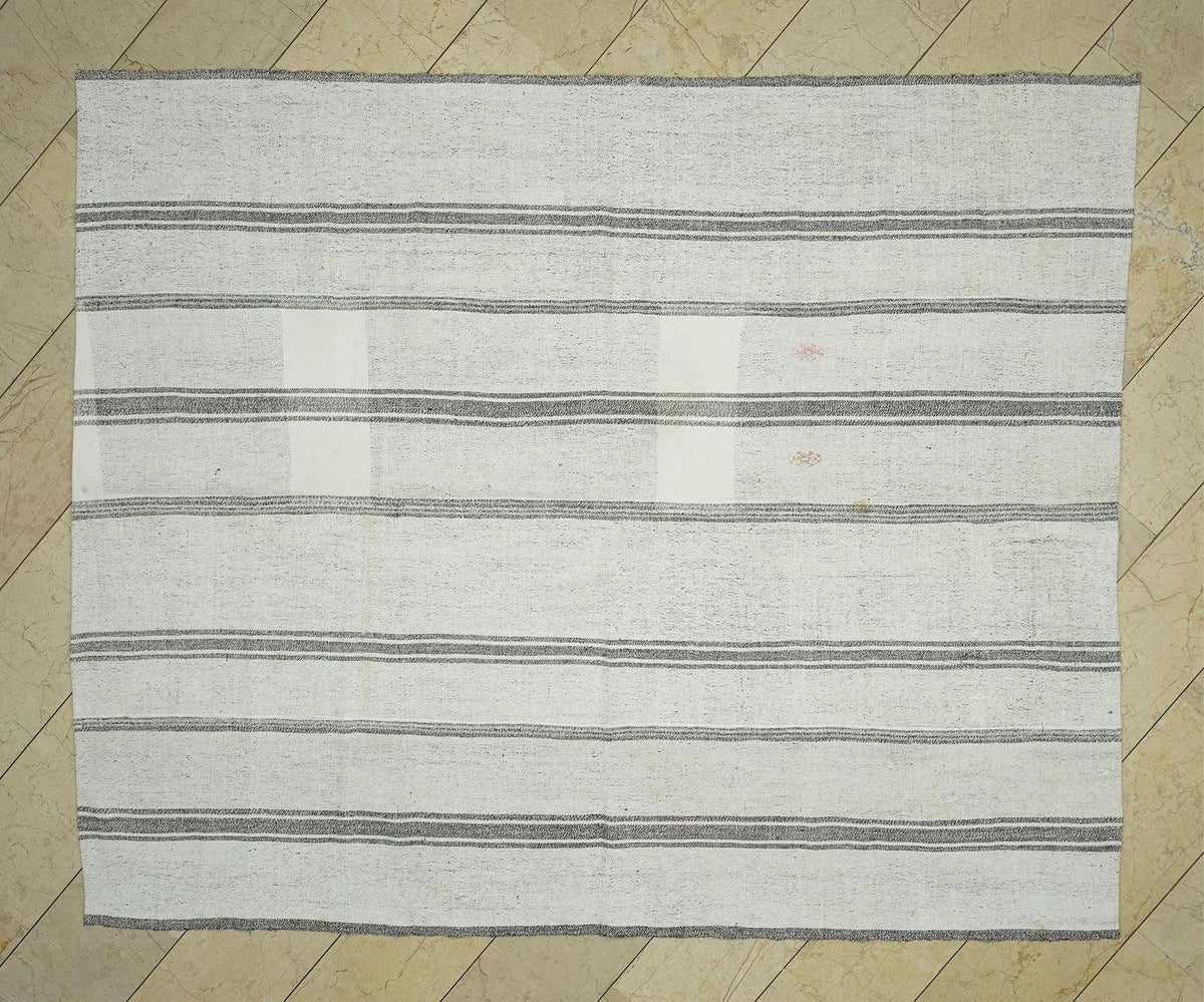 7x9 Scandinavian Style White & Gray Striped Turkish Kilim Rug: Cotton And Goat Hair Rugs.