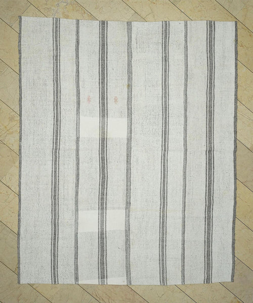 7x9 Scandinavian Style White & Gray Striped Turkish Kilim Rug: Cotton And Goat Hair Rugs.