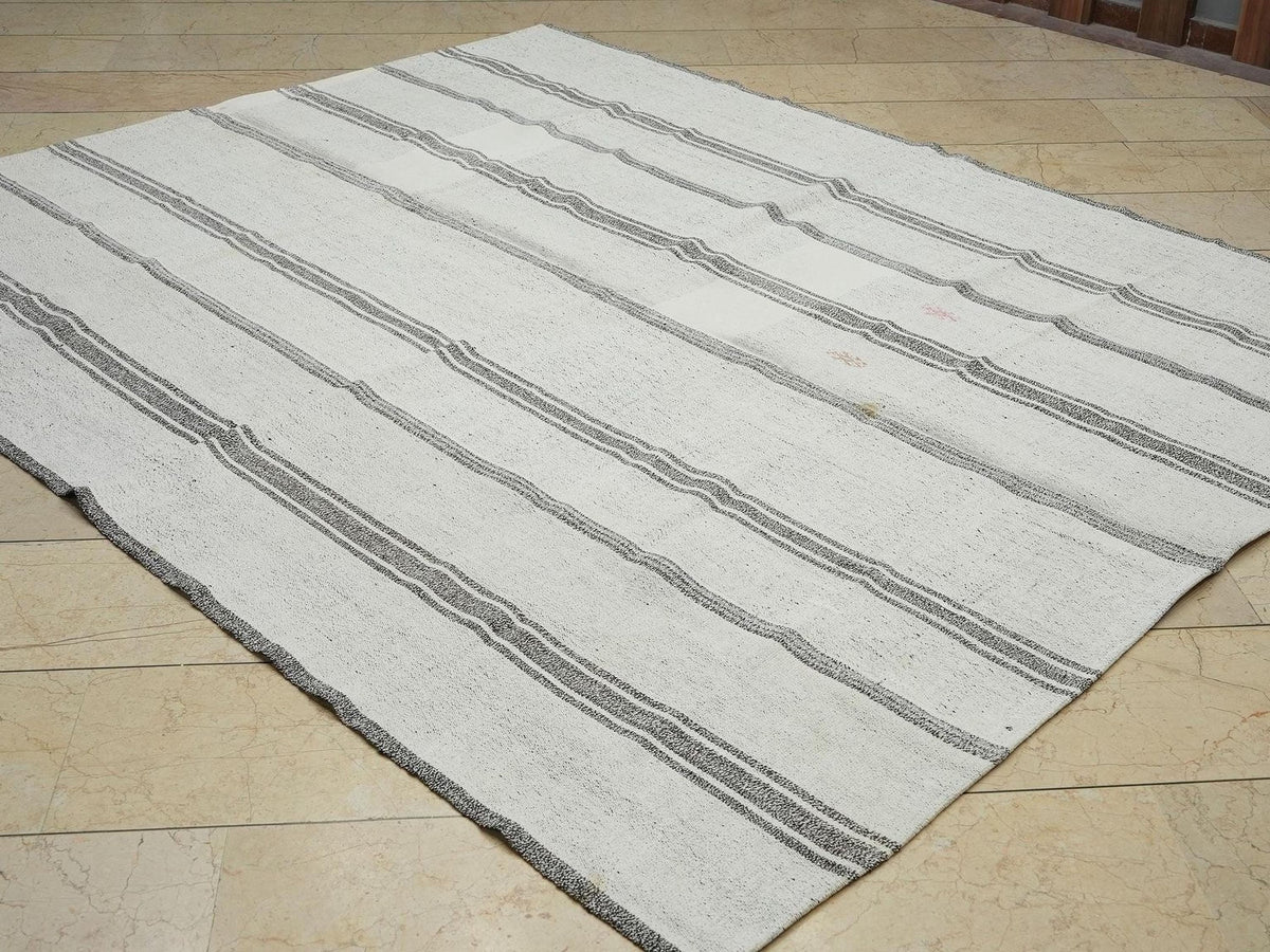 7x9 Scandinavian Style White & Gray Striped Turkish Kilim Rug: Cotton And Goat Hair Rugs.