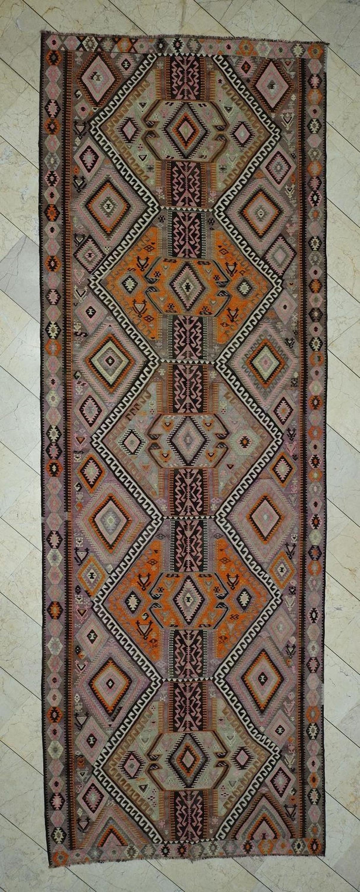 5x14,4 Old Kurdish Kars Kilim Rug Runner,Extra Long Area,Minimalist Style Decor Rugs.