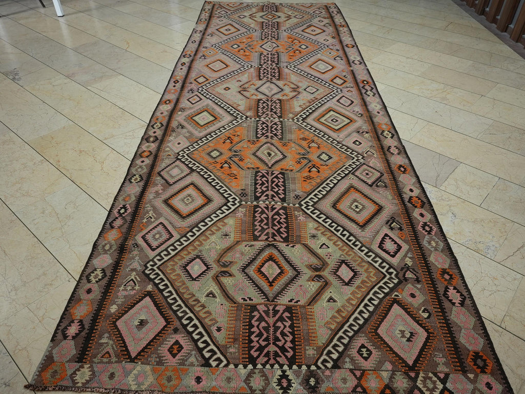 5x14,4 Old Kurdish Kars Kilim Rug Runner,Extra Long Area,Minimalist Style Decor Rugs.