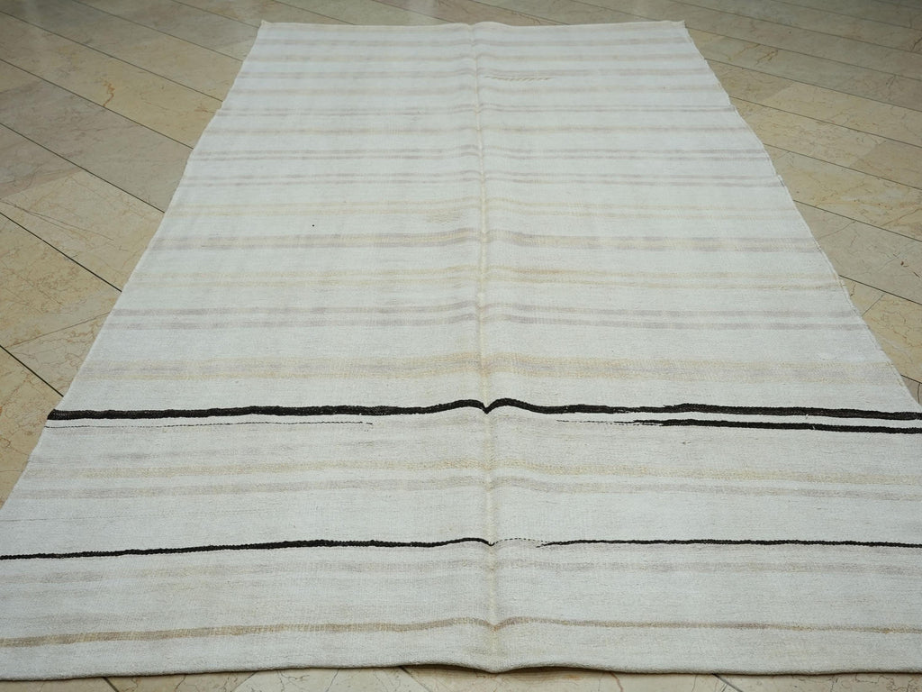 Mid Century Modern Striped Hemp Kilim Rug: Turkish Handmade Rugs, 5,7"x10,6" Feet.