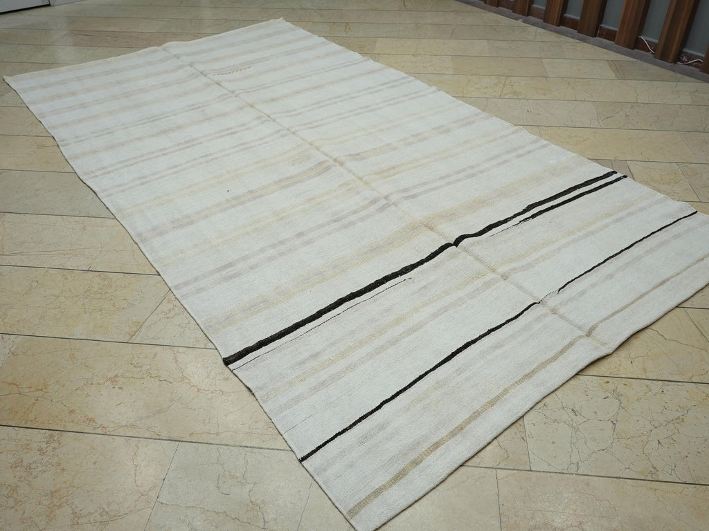 Mid Century Modern Striped Hemp Kilim Rug: Turkish Handmade Rugs, 5,7"x10,6" Feet.