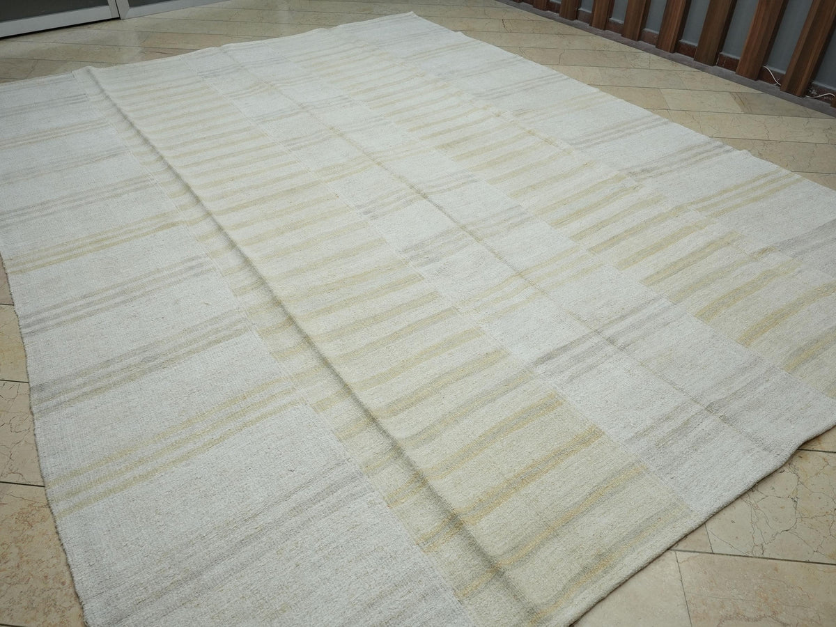 Oversized Striped Handmade Turkish Hemp Rug: Scandinavian Style Flat Weave Rugs, 9,4x12,2 Feet.