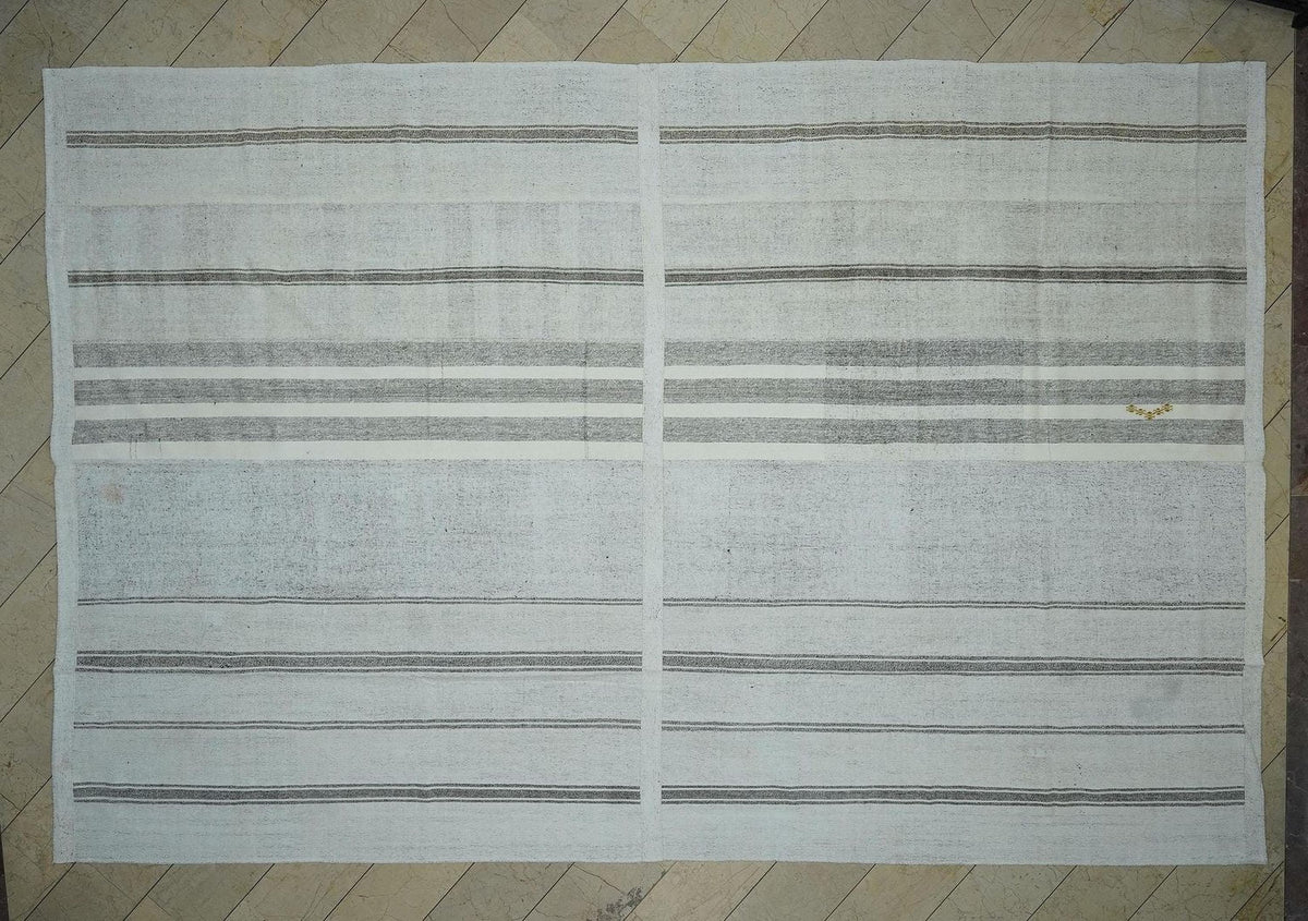 11x16 Oversized White & Gray Turkish Kilim Rug: Cotton And Goat Hair Woven Rugs